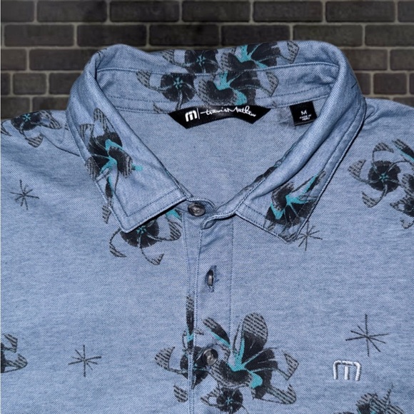 Travis Mathew Blue Floral Print Golf Polo Shirt Medium| 1MS071 Pima Cotton Blend - Picture 7 of 12